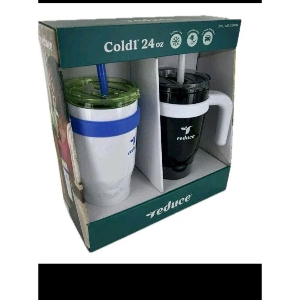 REDUCE 24 oz. Cold1 Tumbler, 2-Pack (Black & White With Blue Trim) New